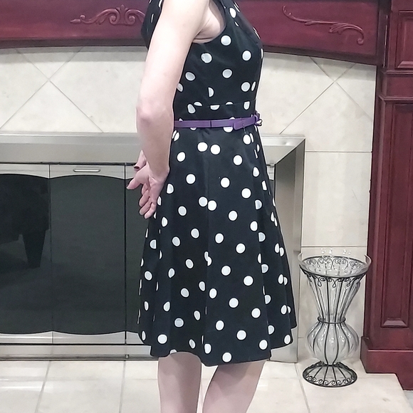 Polka Dot Black Dress with Purple Belt - Picture 12 of 12